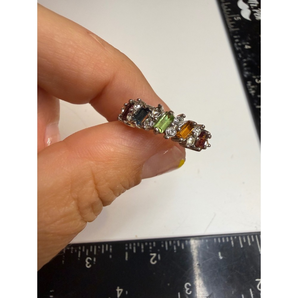 Multi Stone Rainbow Baguette Ring Silver Tone Size 6.5 Colorful Statement Band